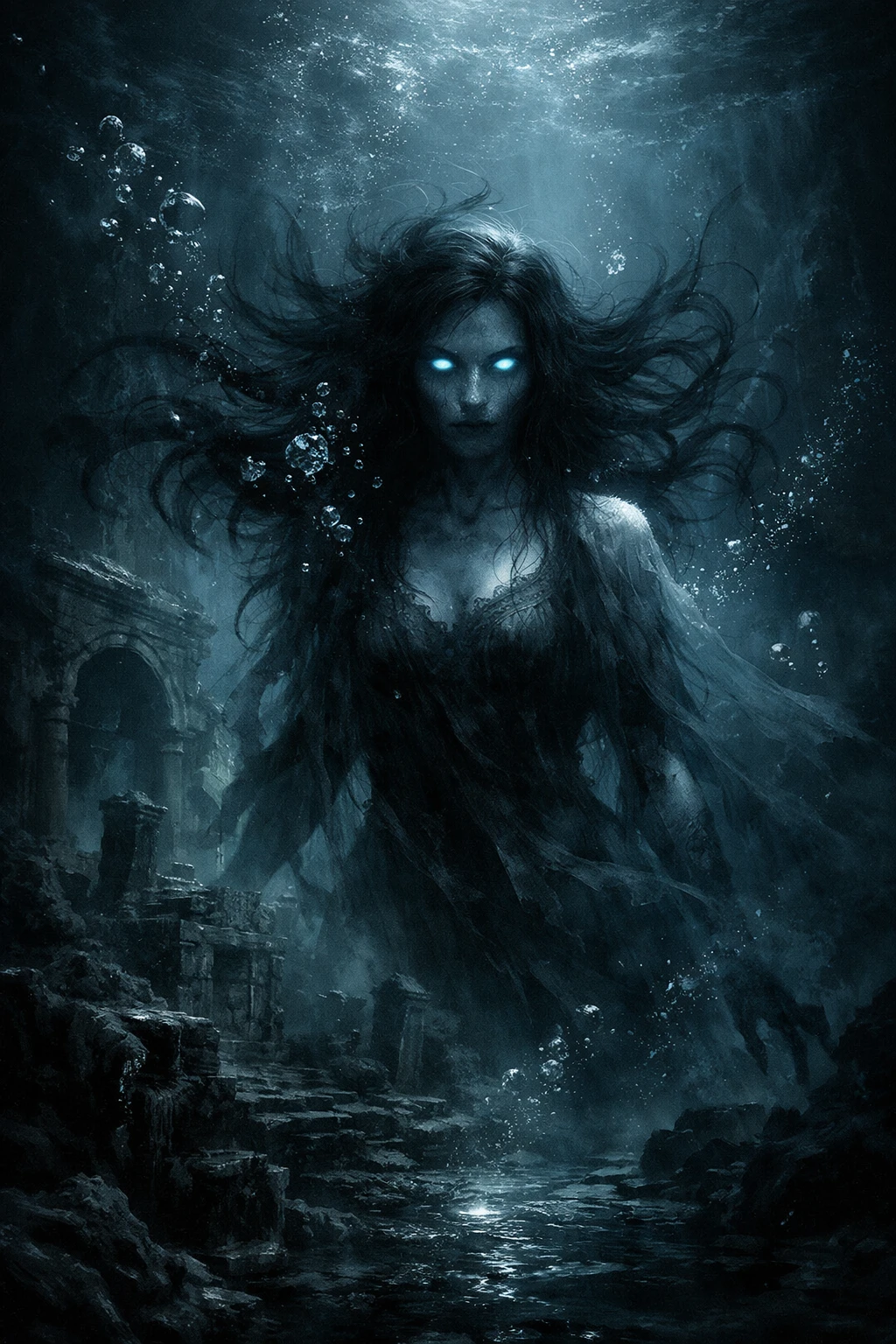Ghostly figure drifting in dark underwater ruins