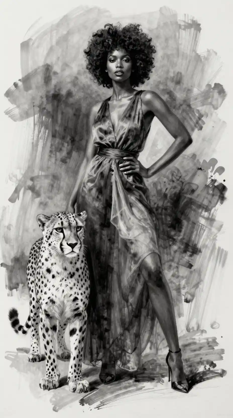 Elegante donna con afro accanto a un disegno di ghepardo