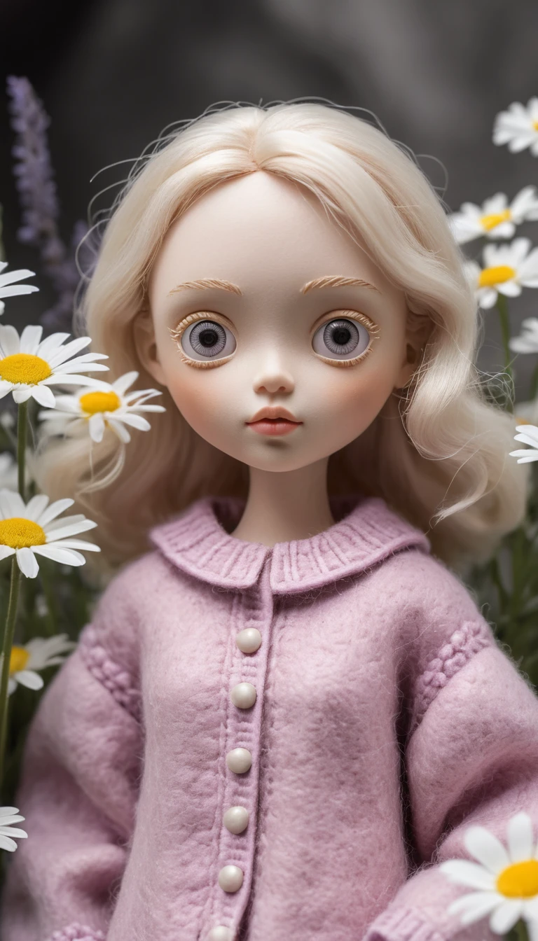 데이지와 라벤더 사이의 몽환적인 펠트 인형 소녀
