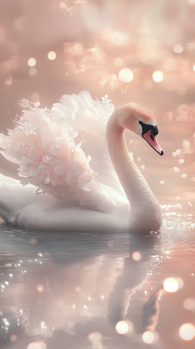 Cygne gracieux glissant sur une surface d’eau pastel embrumée