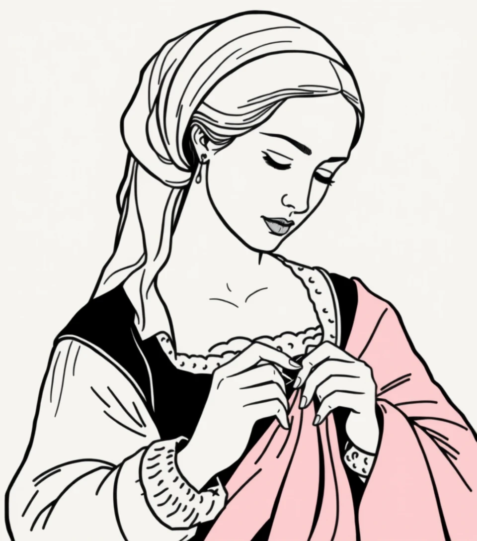 Renaissance woman sewing her clothing in peaceful profile portrait