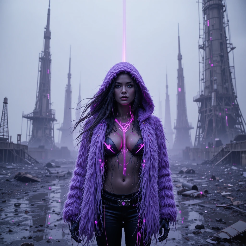 Cyberpunk woman in neon violet at ruined orbital launch site
