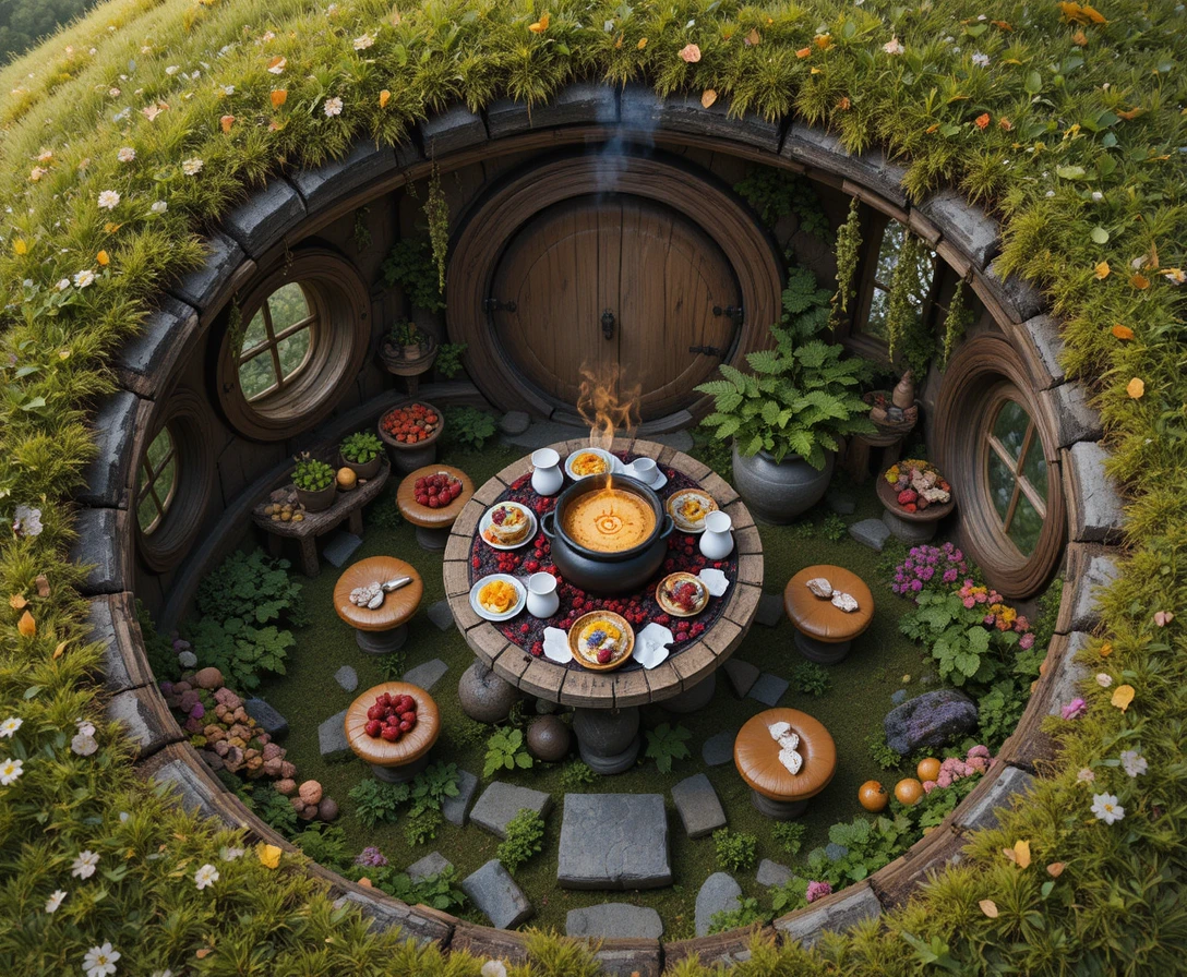 Intérieur Douillet de Cottage Hobbit avec Herbes et Foyer