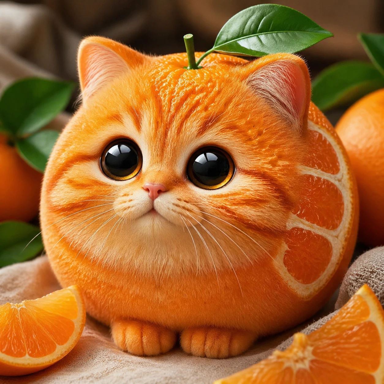 Chat hybride adorablement duveteux fusionné avec un fruit orange vif