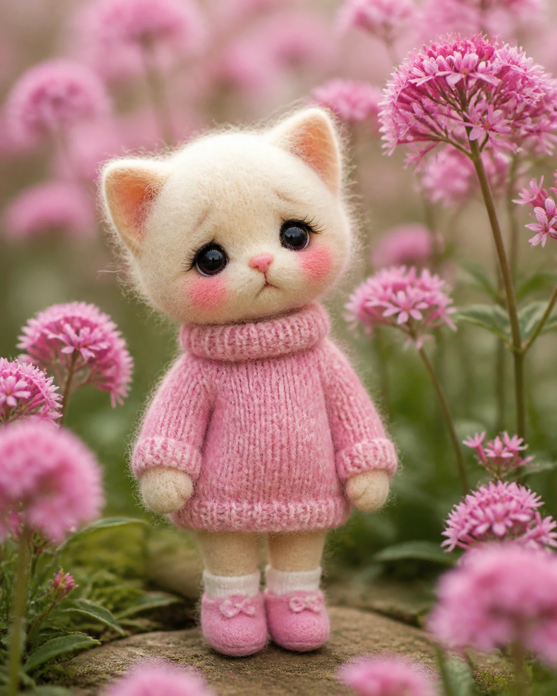 Poupée chat feutrée en pull rose parmi les fleurs du jardin