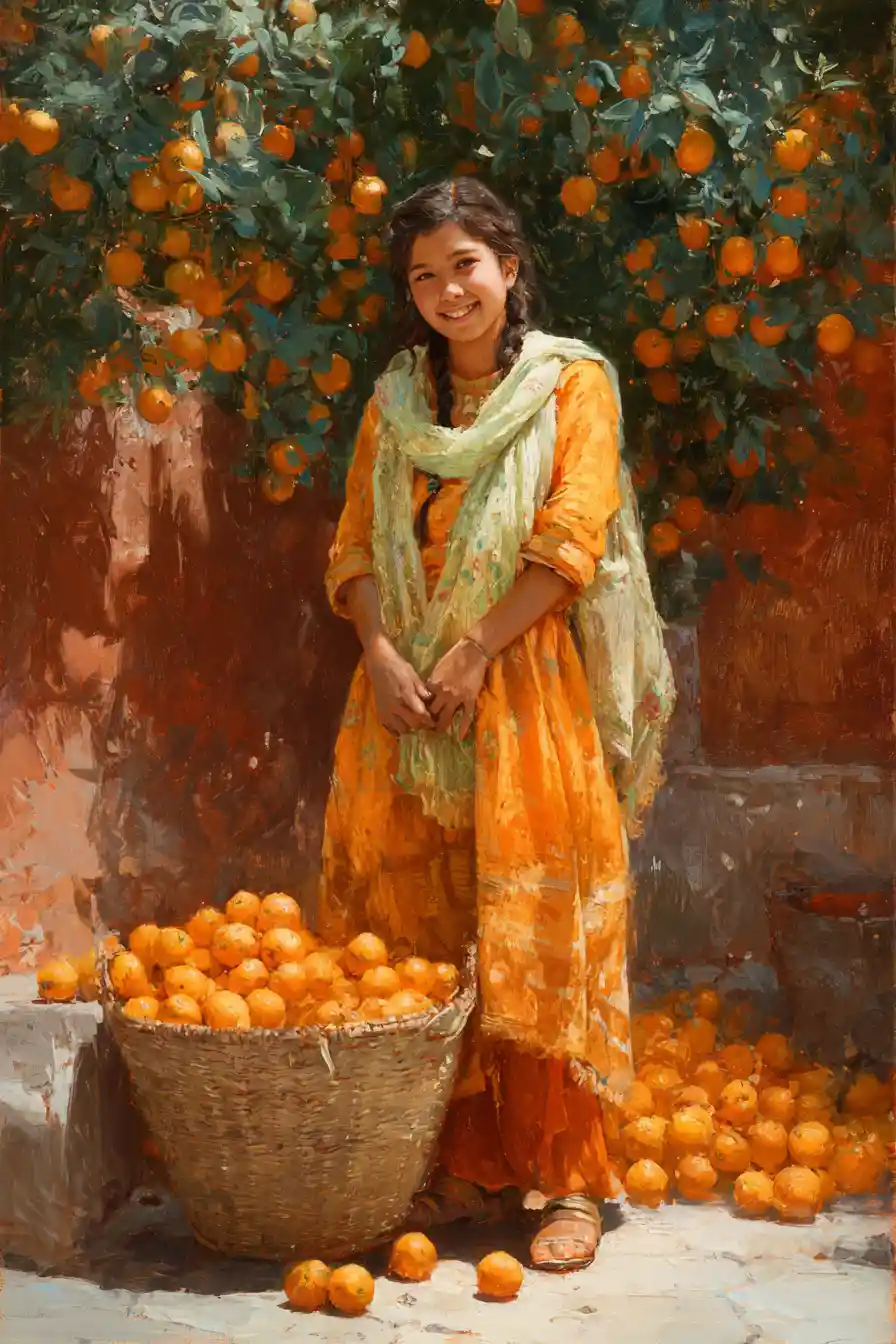 Young girl standing by oranges in a sunny garden