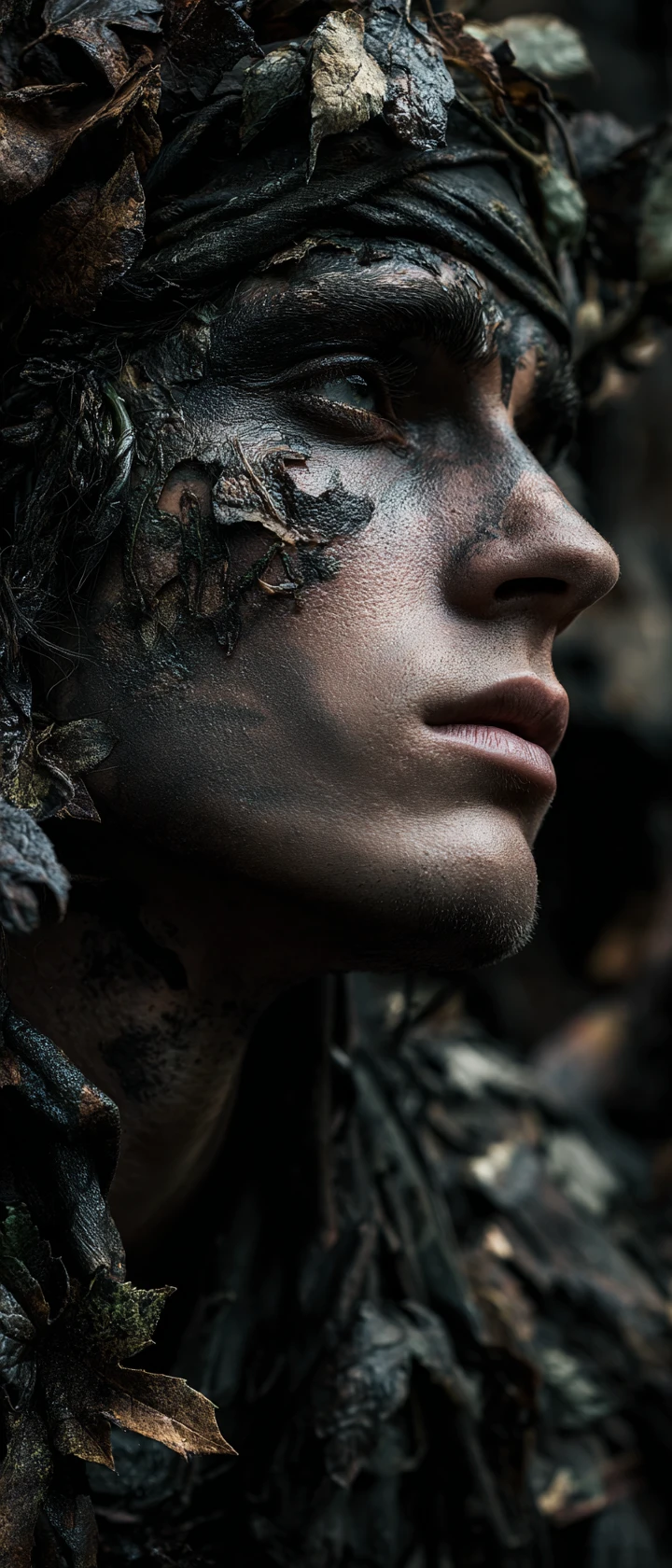 Male dancer camouflaged among leaves in dreamlike forest