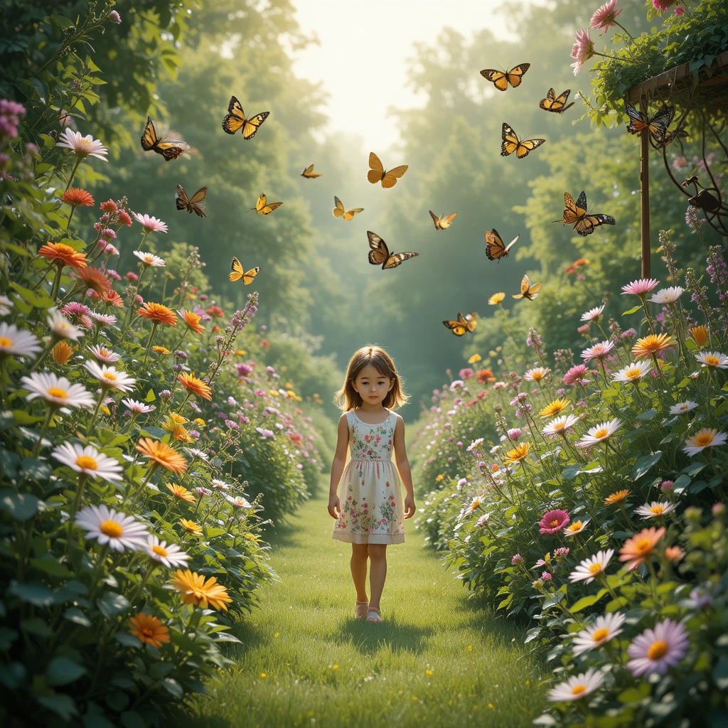 色とりどりの花畑を歩く少女