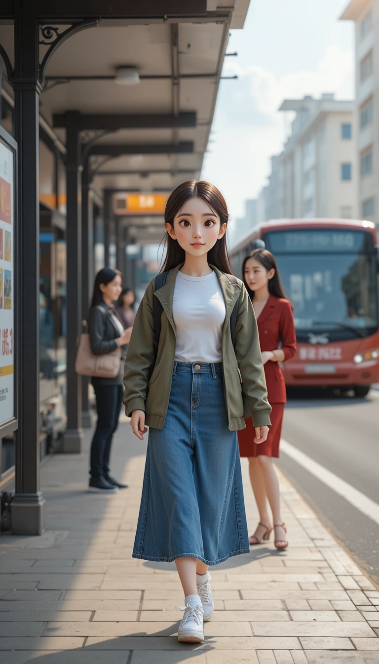 Mulher de anime encontra uma amiga em um ponto de ônibus urbano