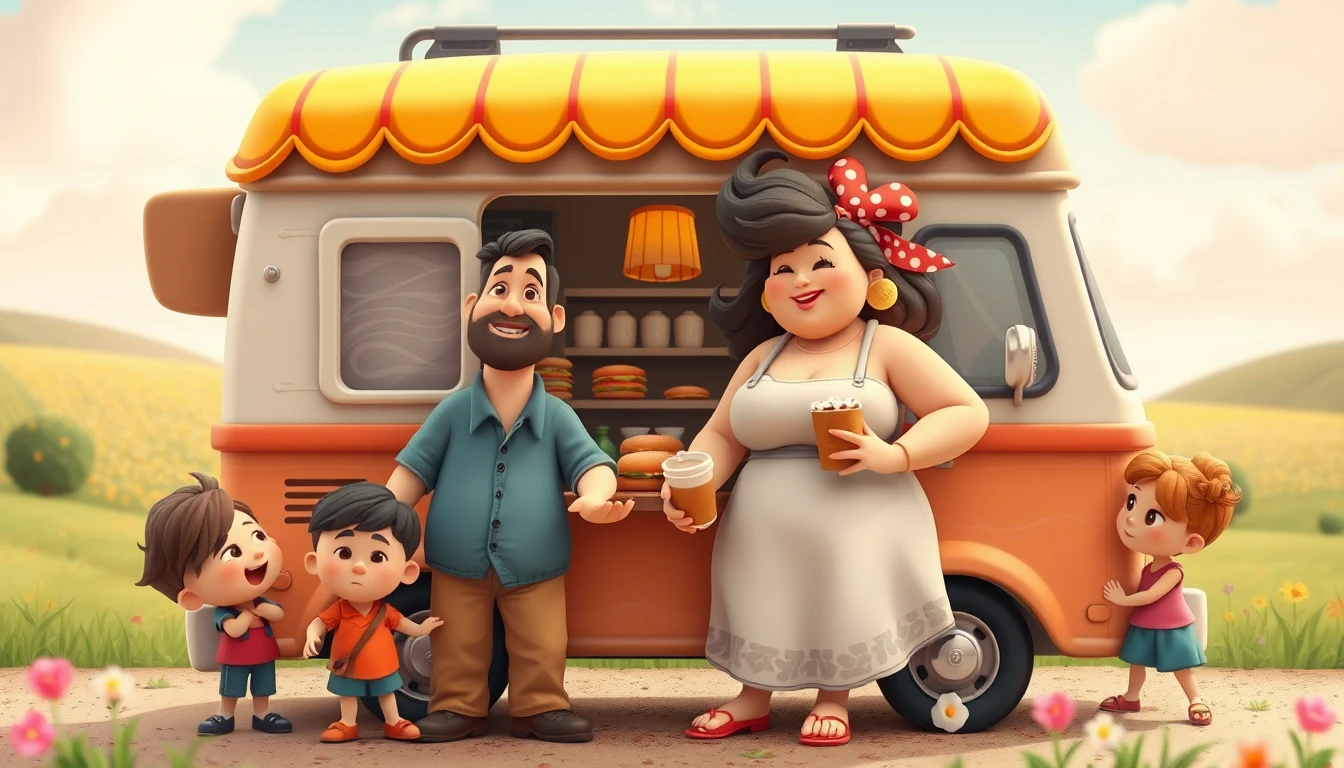 Ilustración en arcilla de una alegre escena familiar en un camión de hamburguesas
