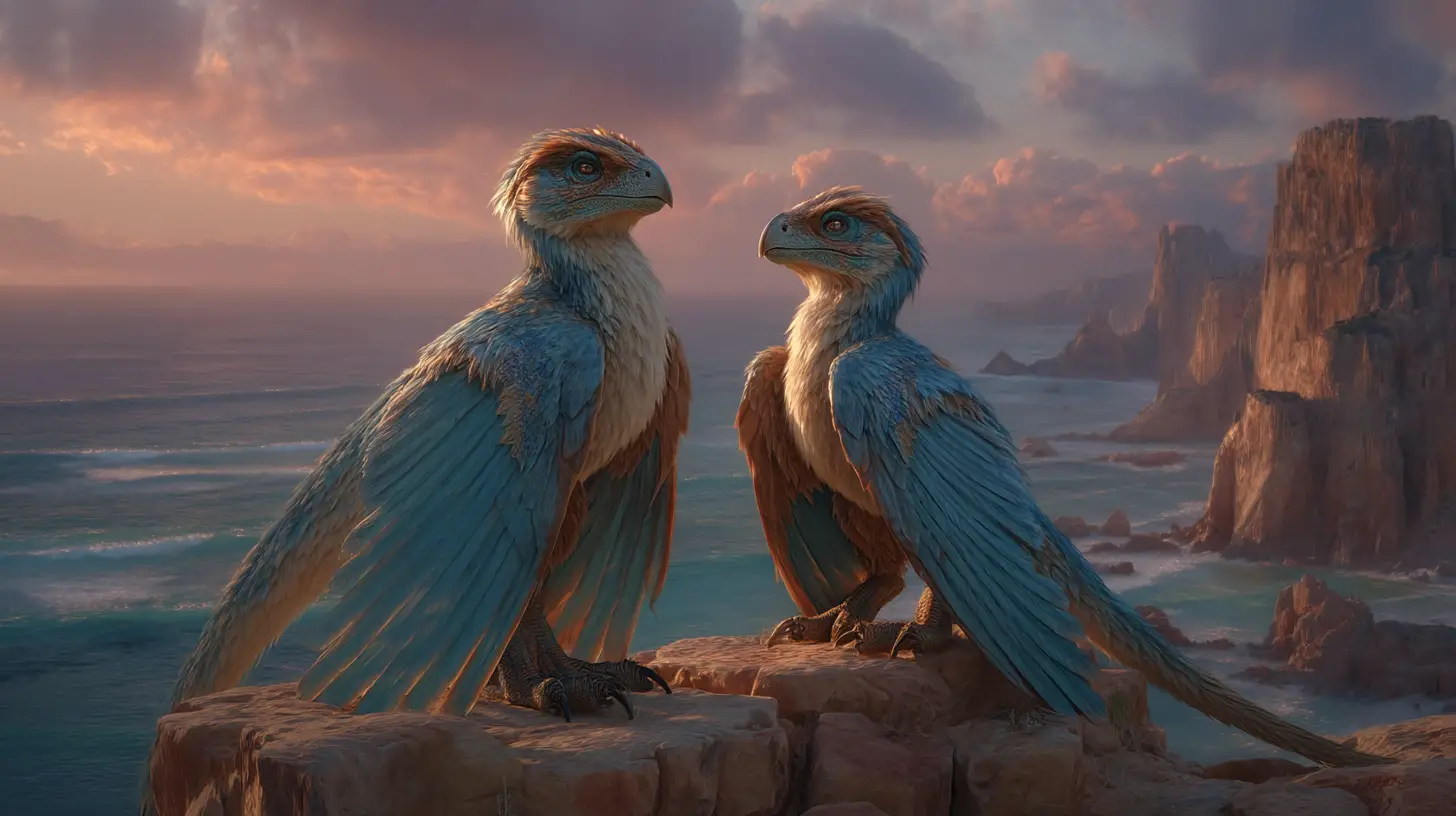 Two dimorphodons on a sandstone sea cliff at sunset