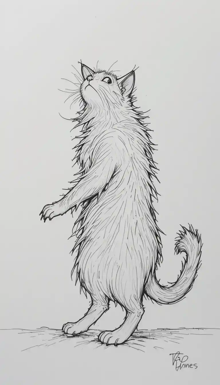 Chat de dessin animé à poil long et enjoué en style croquis minimaliste