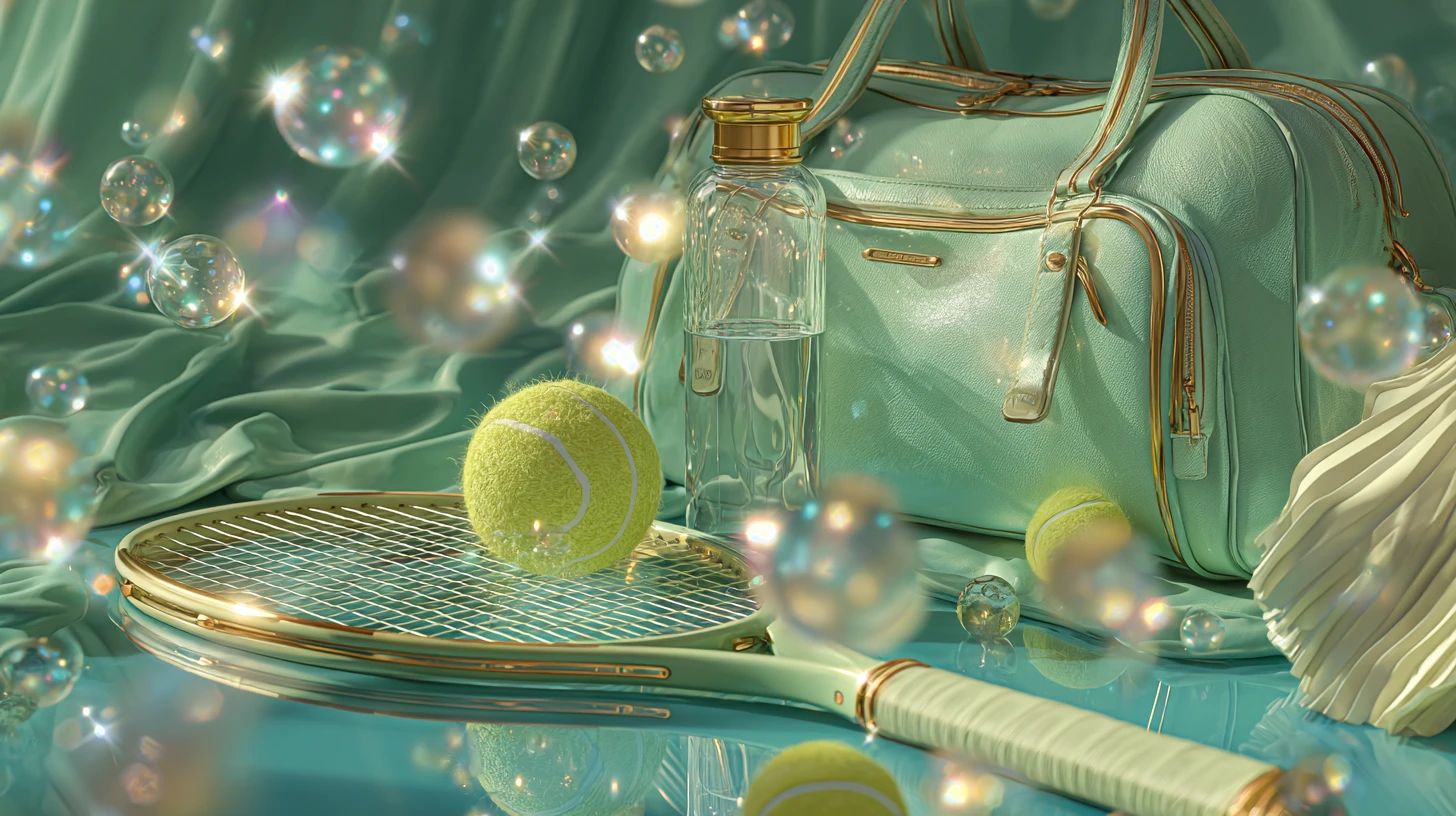 Luxuosa natureza-morta de tênis com raquete vintage flutuante