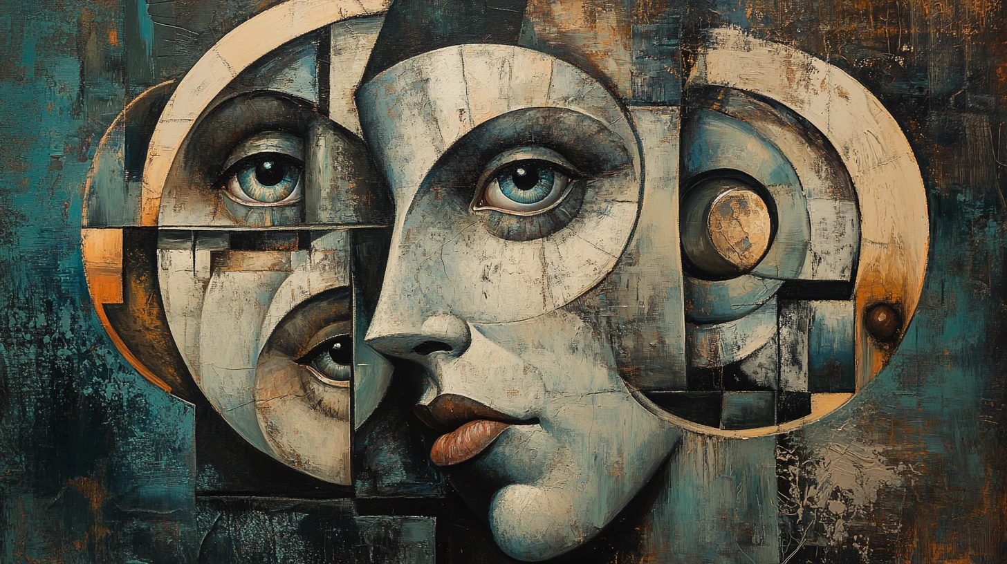 Retrato cubista surreal de rostos humanos mecânicos fragmentados
