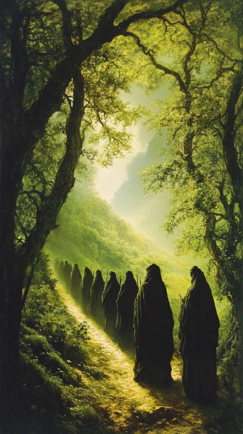 Menschen gehen durch endlose grüne Hügel im surrealen Stil