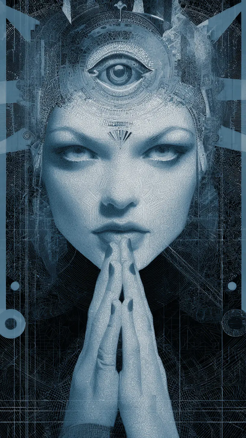 Surreal woman with forehead eye in abstract isometric space