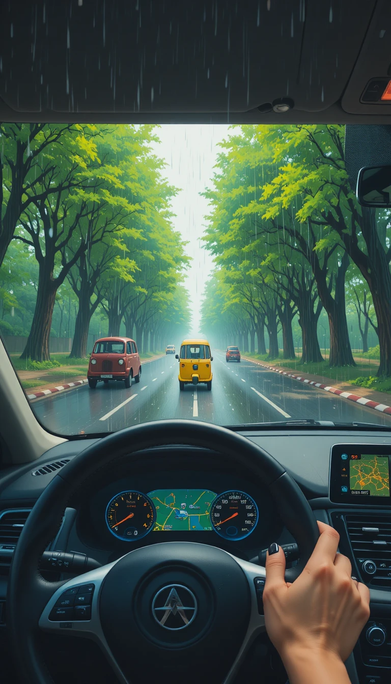 Cozy pov view from a rainy car interior with gps