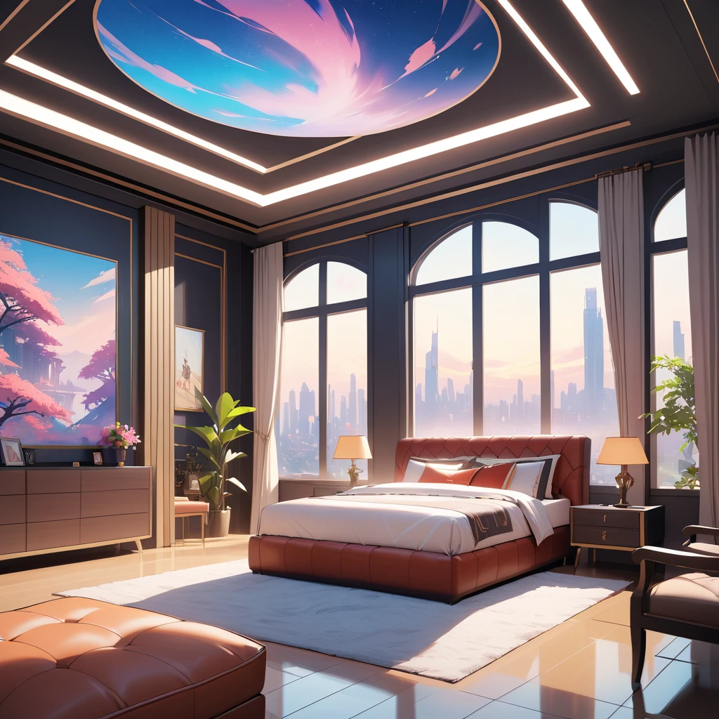 Lussuosa camera da letto moderna fantasy con ampia vista dalla finestra