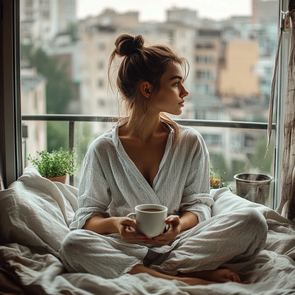 Garota de pijama com café da manhã em uma varanda aconchegante