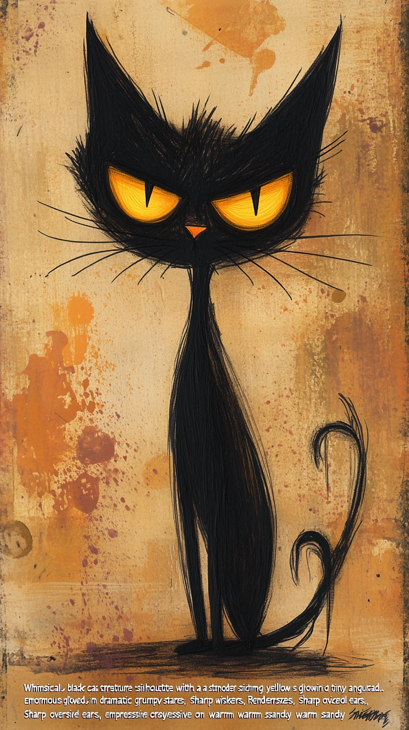 Caricatura de gato preto mal-humorado com olhos amarelos brilhantes