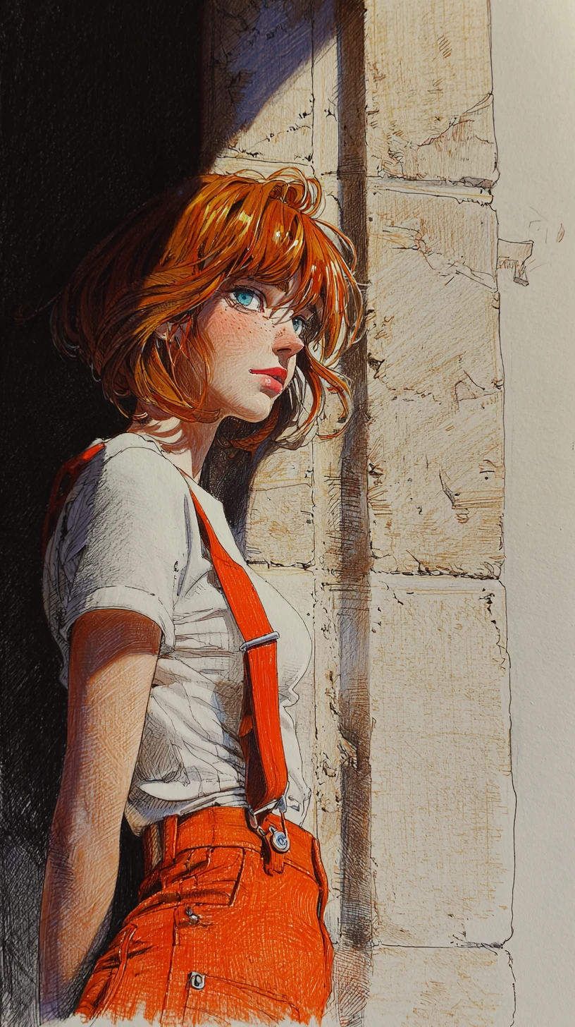 Blue eyed woman in tactical straps against concrete wall