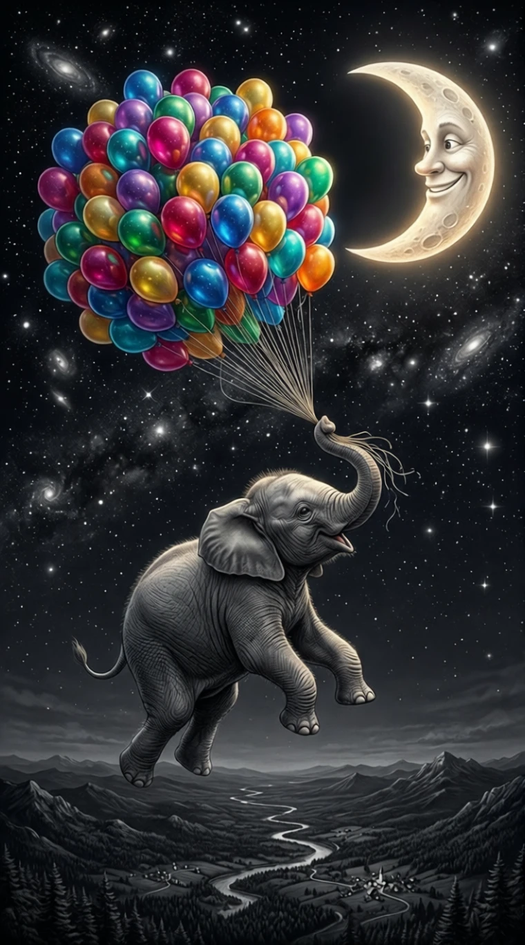 Elefante Flotando con Globos de Colores hacia la Luna Creciente