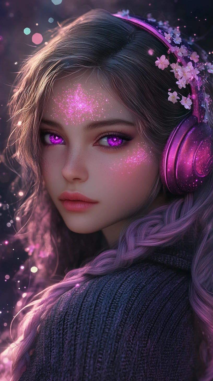 Donna anime cosmica con fiori di ciliegio e capelli scintillanti