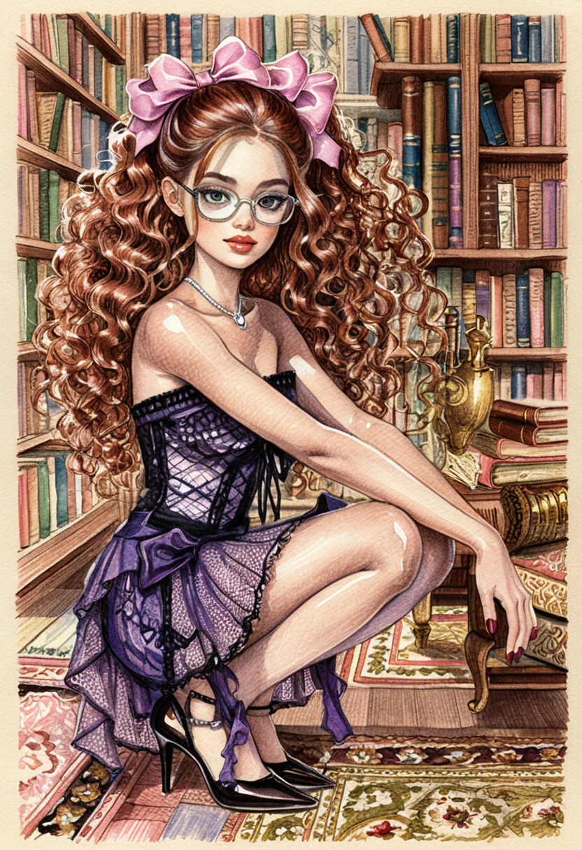 Garota de anime em biblioteca aconchegante com livro mágico brilhante