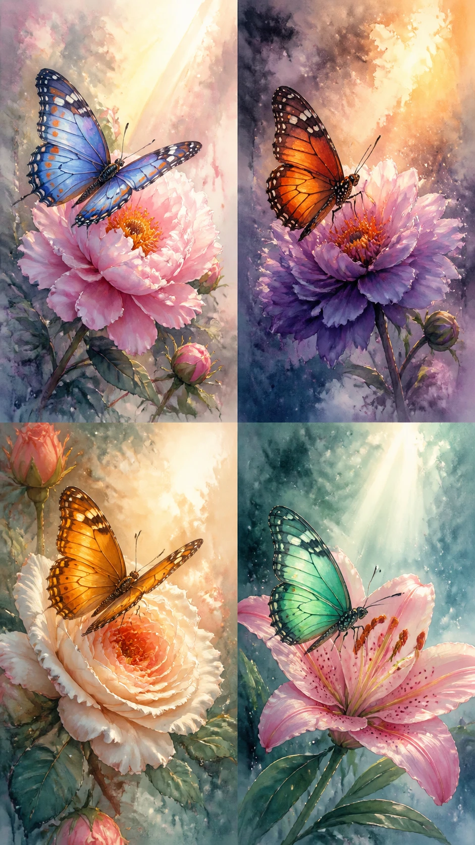Borboletas coloridas pousadas em flores em cenas em aquarela