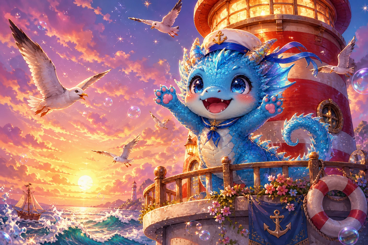 Cute baby dragon waving from a striped lighthouse balcony