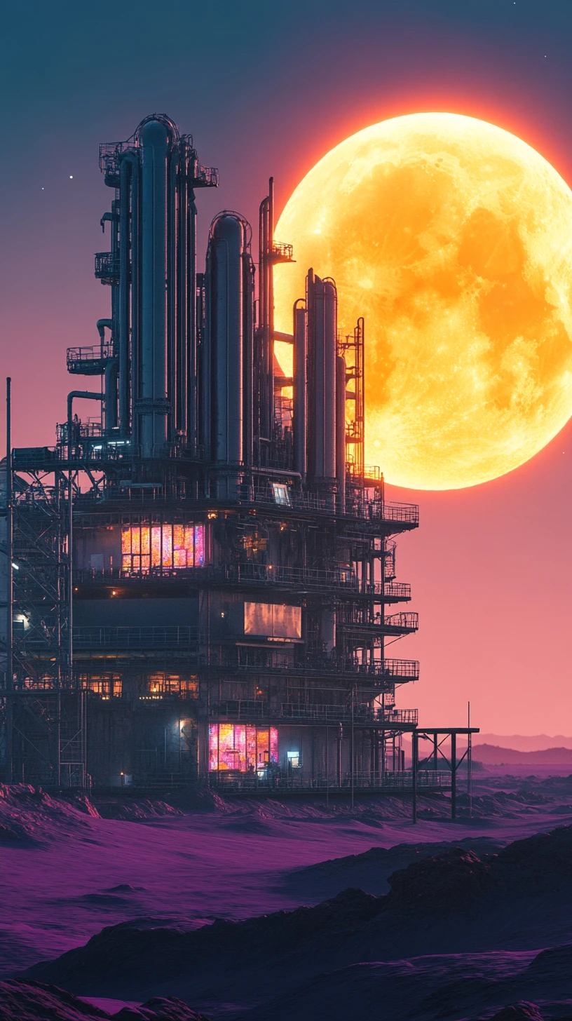 Immense bâtiment industriel recyclé sous un coucher de soleil désertique éclatant