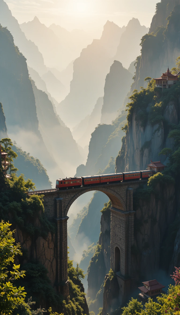 Vintage-roter Zug überquert eine hohe steinerne Bergbrücke
