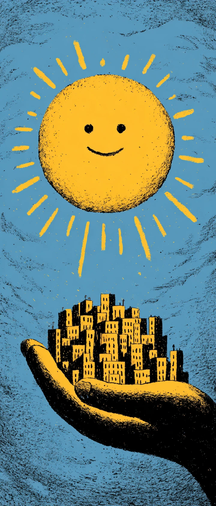 Riesige lächelnde Sonne, die eine winzige schlafende Stadt wiegt