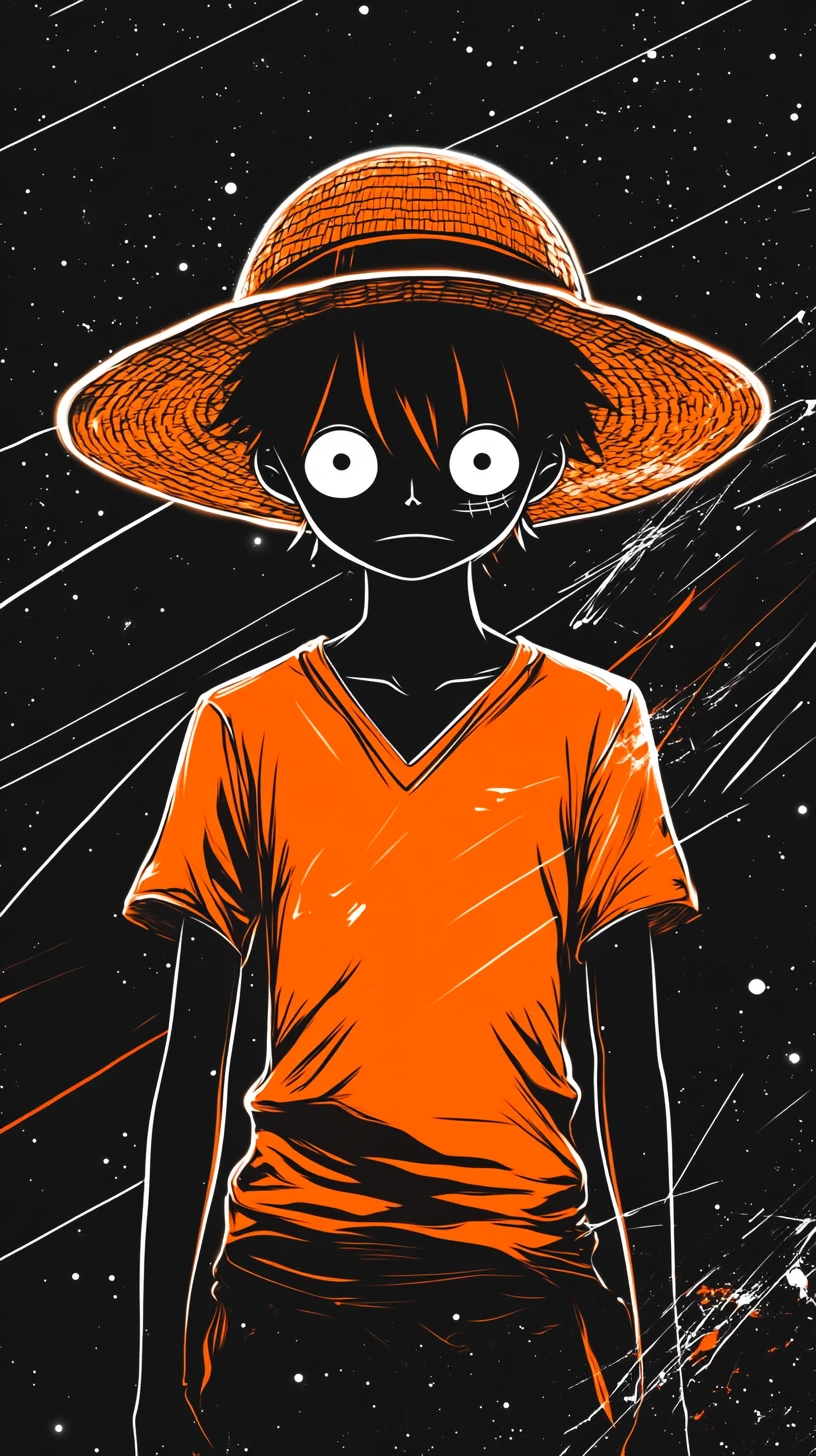 Espadachim de anime neon com chapéu de palha na escuridão cósmica