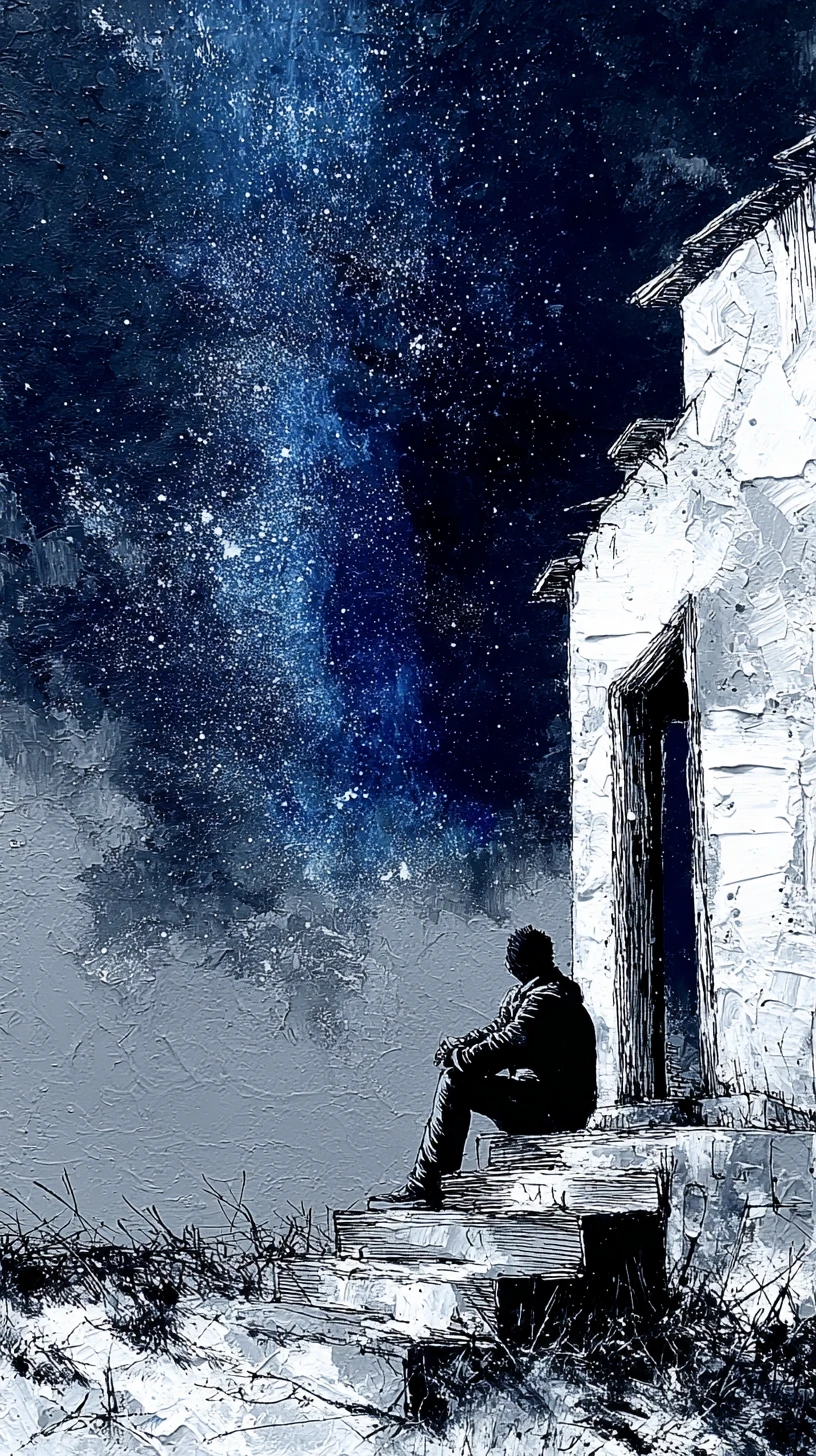 Pequena figura ao lado de casa branca sob um vasto céu estrelado