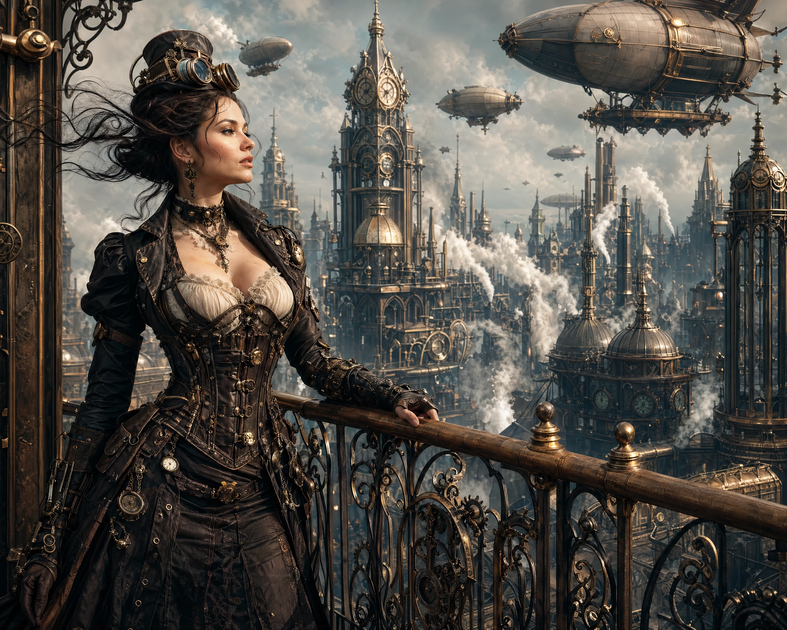Mujer steampunk de pie en un balcón de una ciudad fantástica