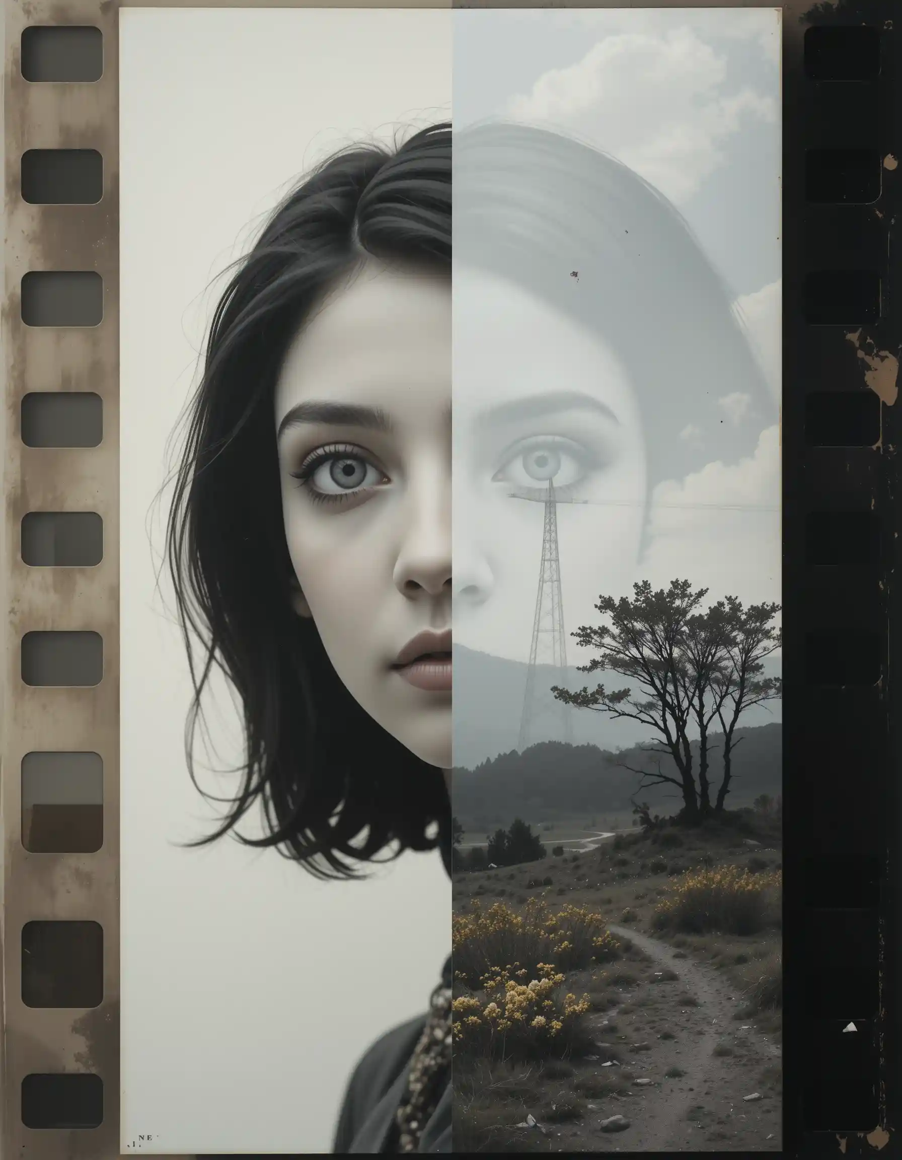 Juxtaposed vintage portraits with surreal landscape overlays