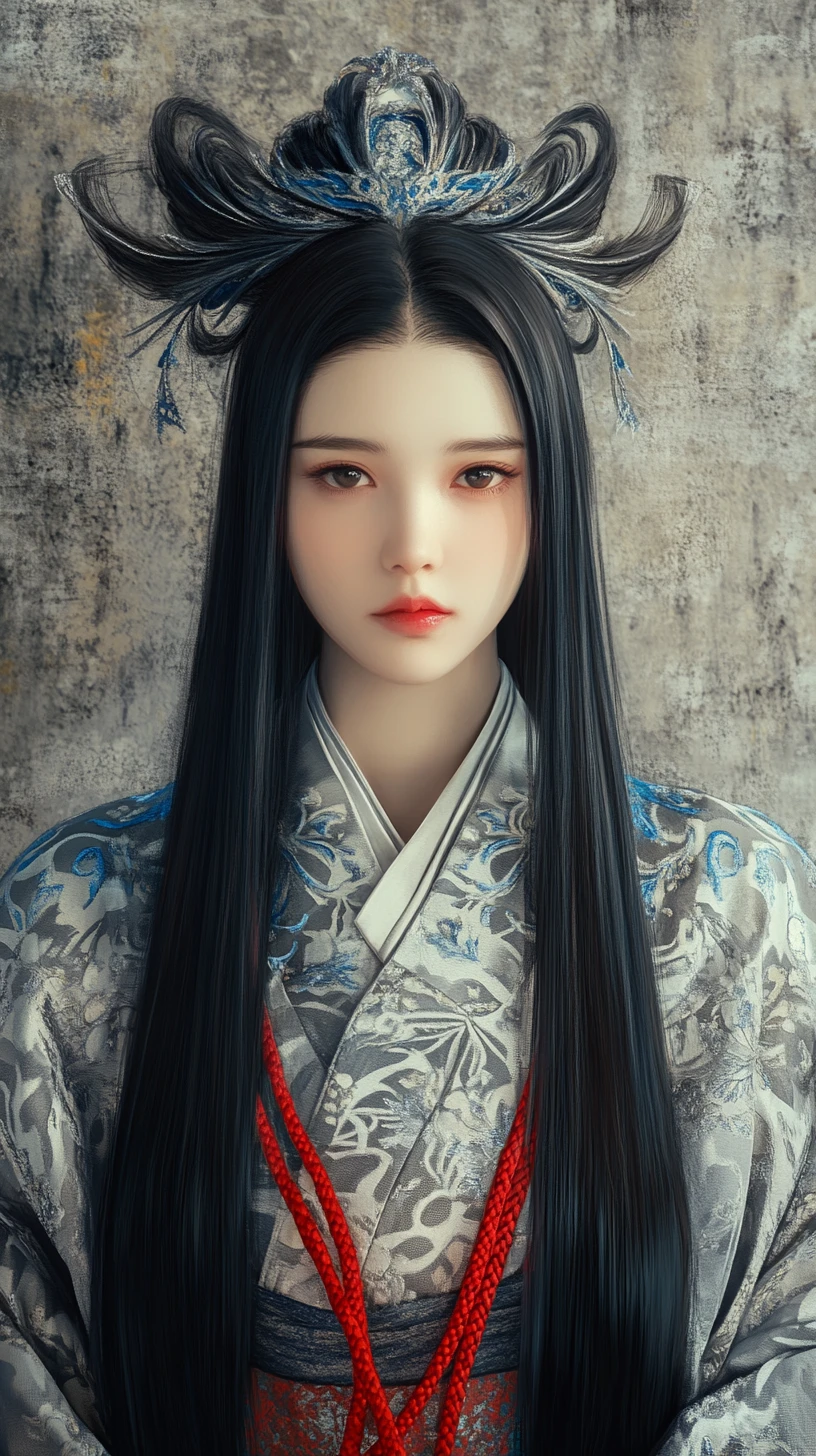 Joven con kimono ornamentado y tocado escultórico