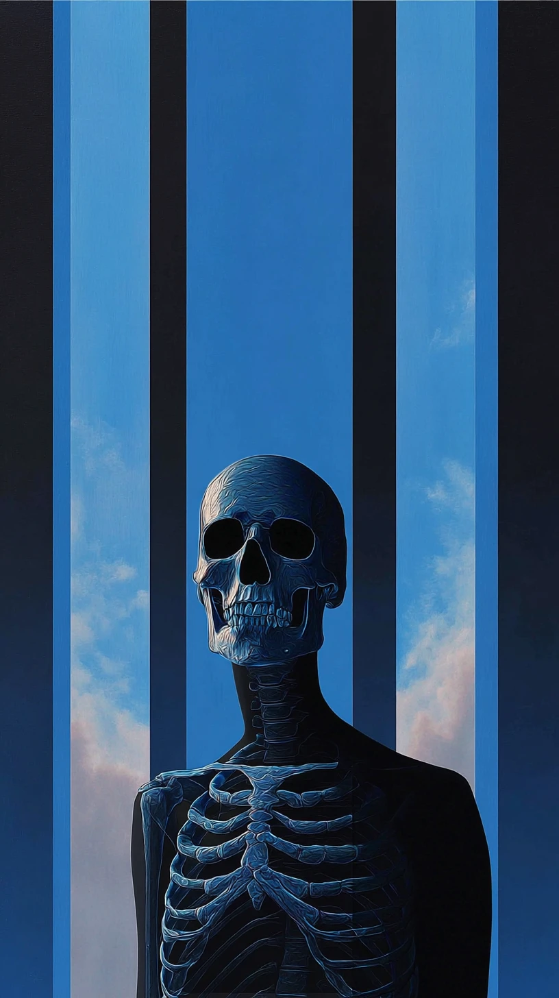 Homem com esqueleto luminoso no peito em retrato cinematográfico sombrio