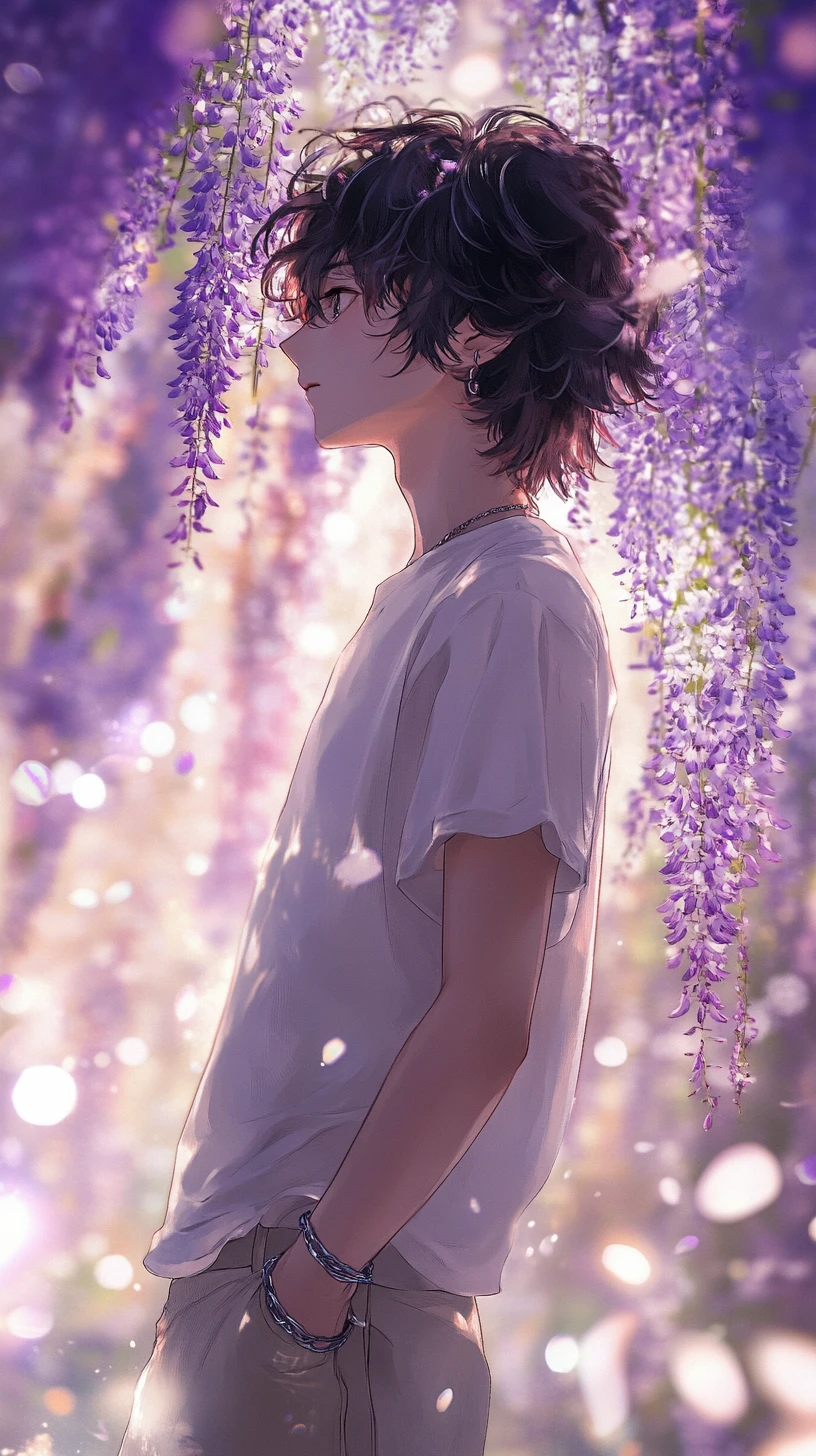 Homem de anime sob cascatas de flores de glicínia roxa