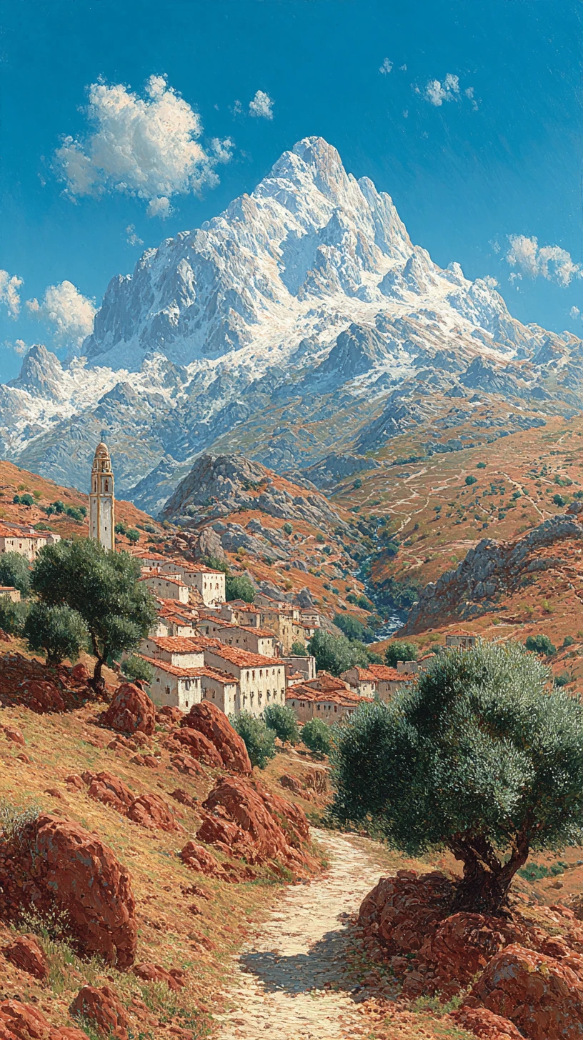 Pintura a óleo vitoriana de montanhas argelinas cobertas de neve