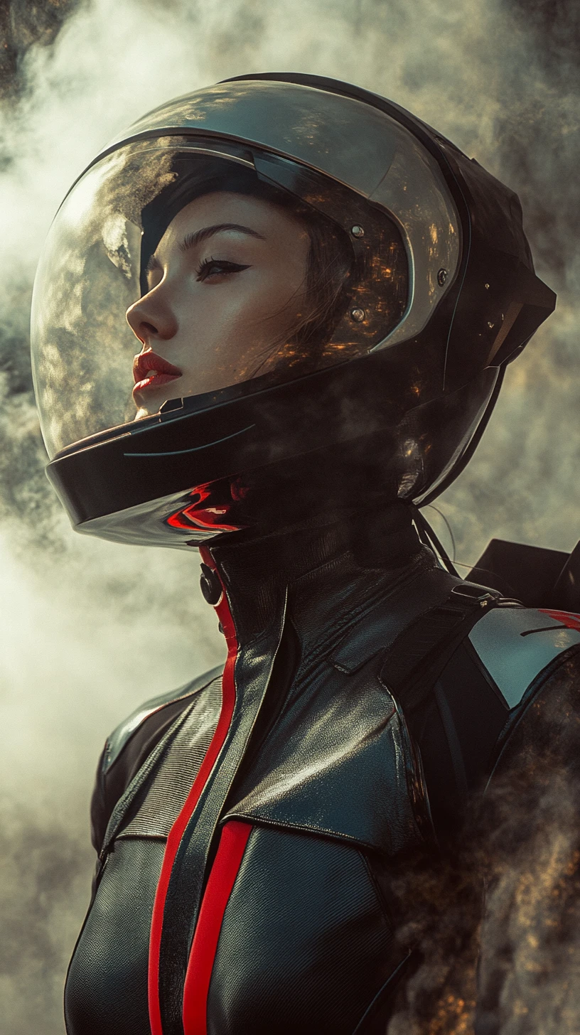 Woman in futuristic astronaut suit on misty alien world