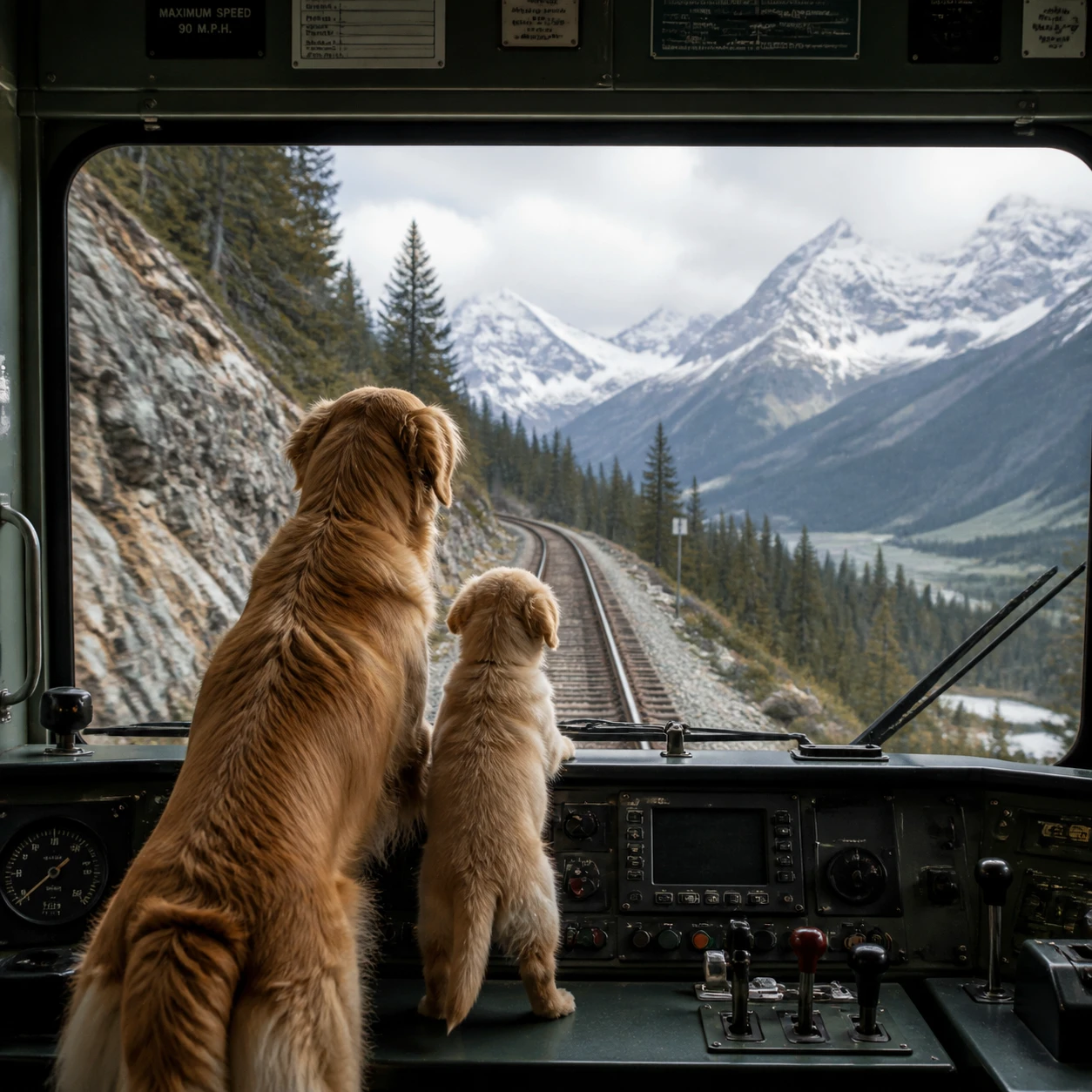 Cães observando trilhos de trem na montanha a partir da cabine