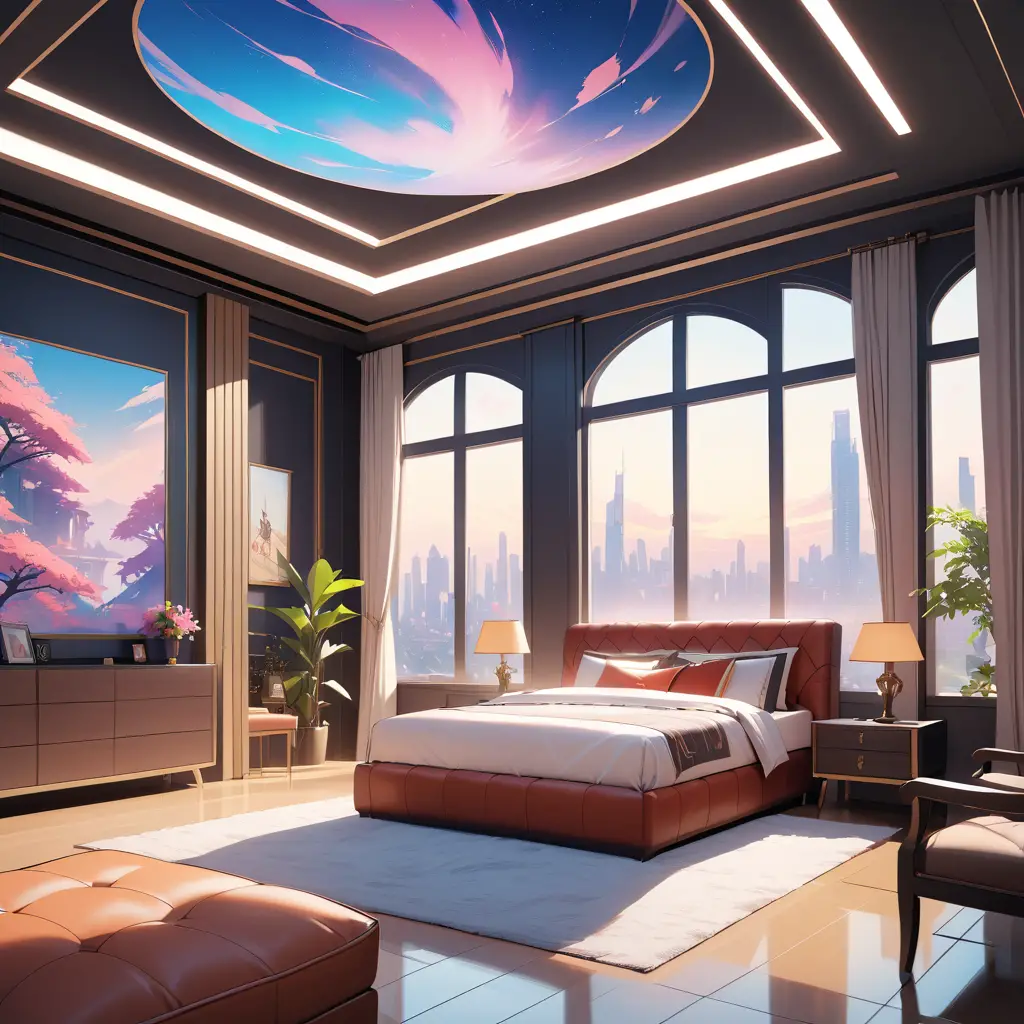 Chambre moderne de fantasy luxueuse avec grande vue sur la fenêtre