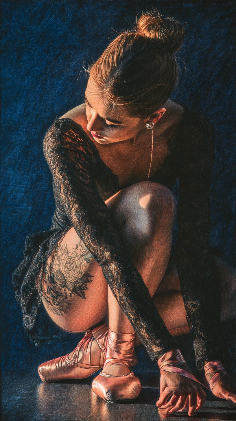 Young ballerina crouched on wooden floor in dramatic light