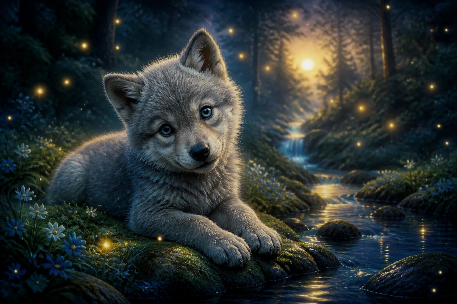 Filhote de lobo-cinzento descansando ao lado de um riacho na floresta ao crepúsculo