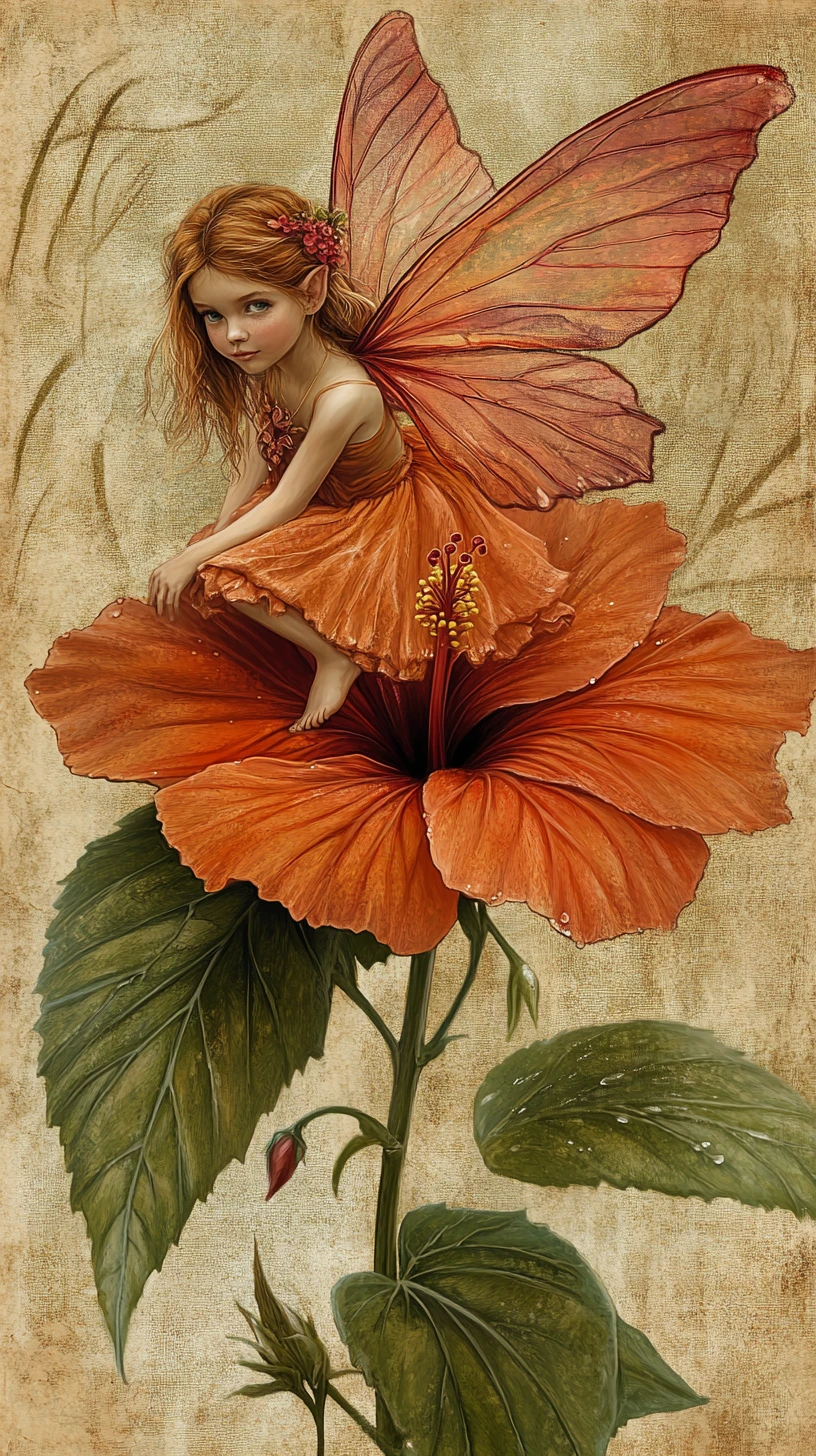Winzige Fee ruht auf einer Hibiskusblüte im Chiaroscuro-Licht