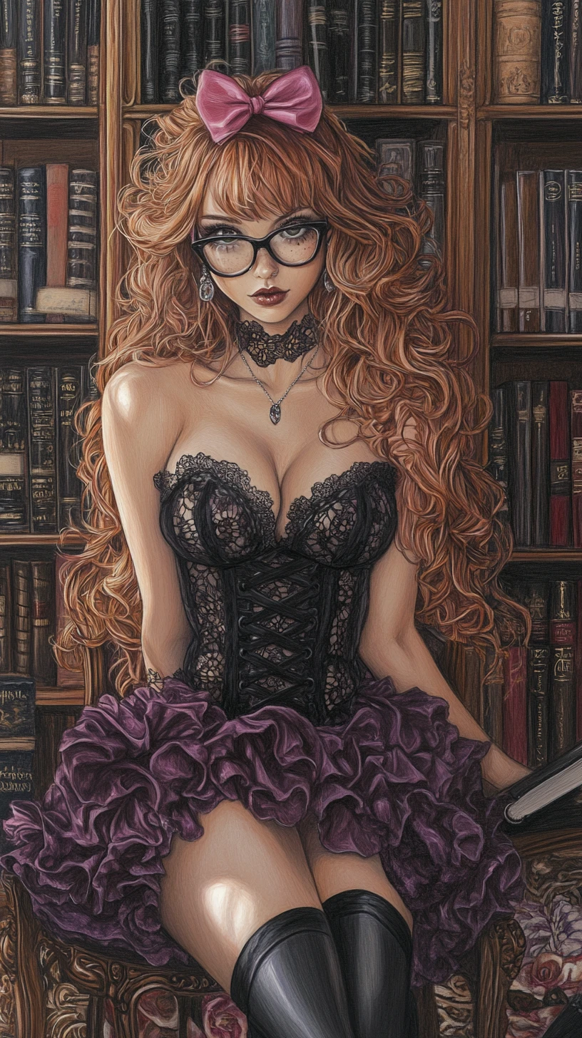 Mulher de anime em biblioteca aconchegante com livro mágico brilhante