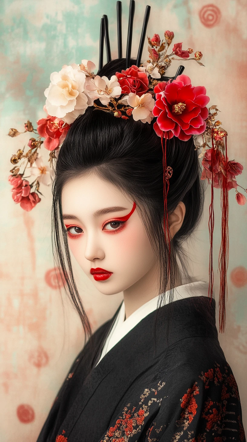 Donna dell’Asia orientale con elaborata acconciatura floreale e trucco rituale rosso