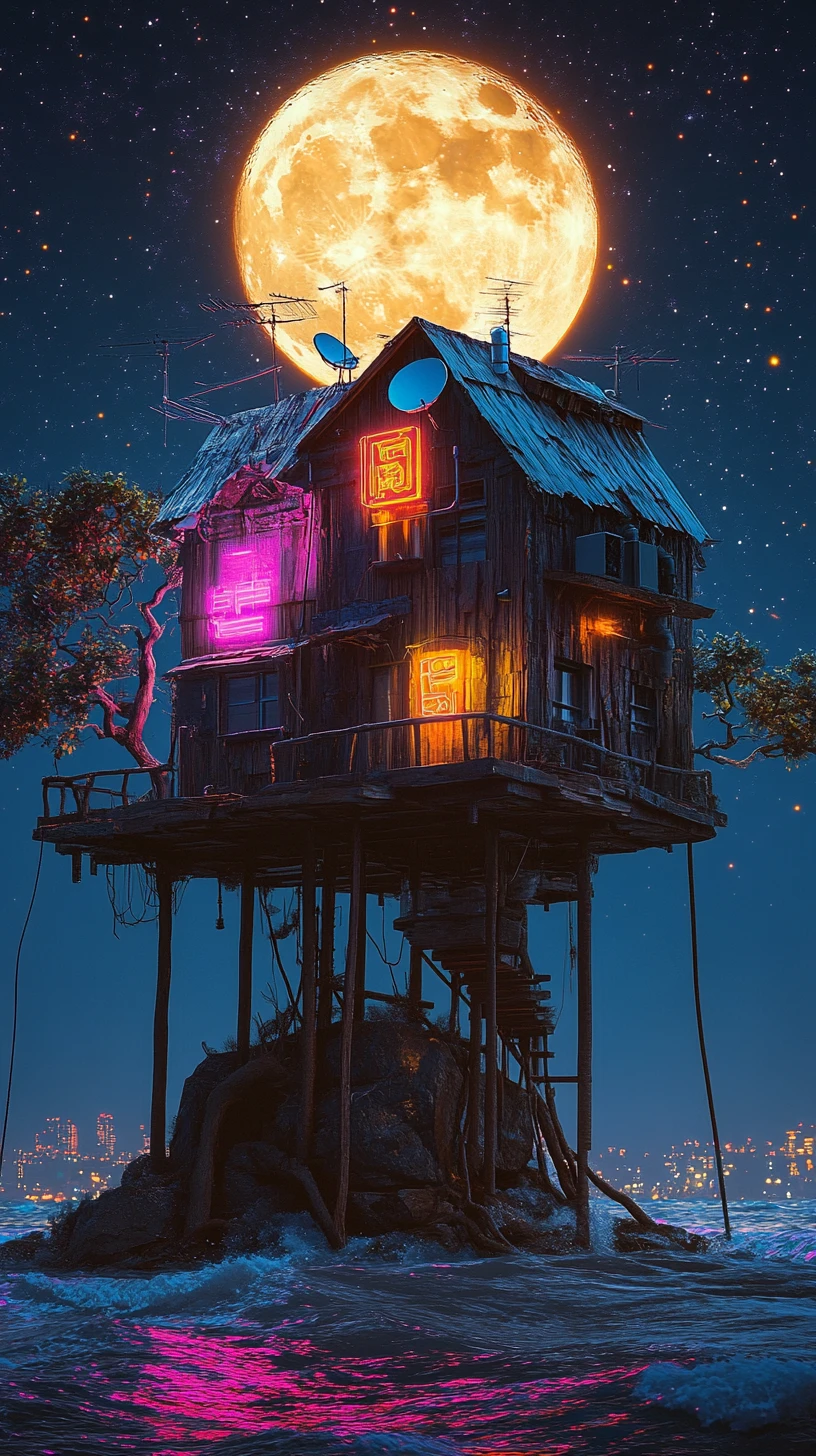 Cabana de neon solitária em ilha oceânica ao luar